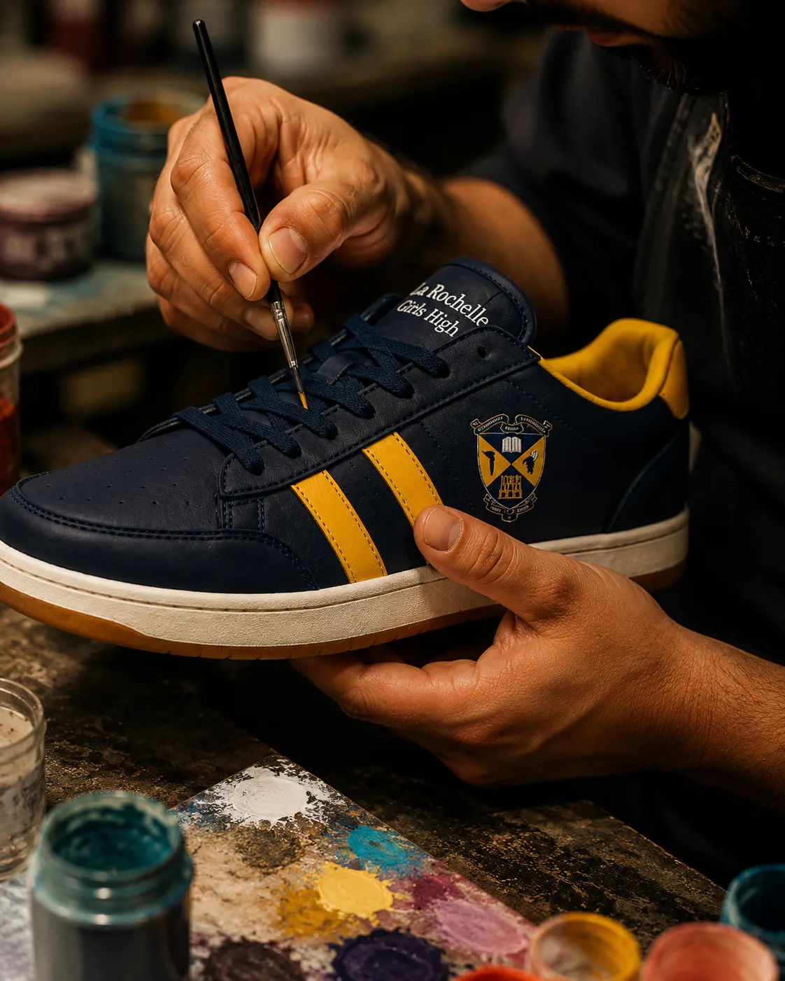 Craftsman hand-painting custom shoes